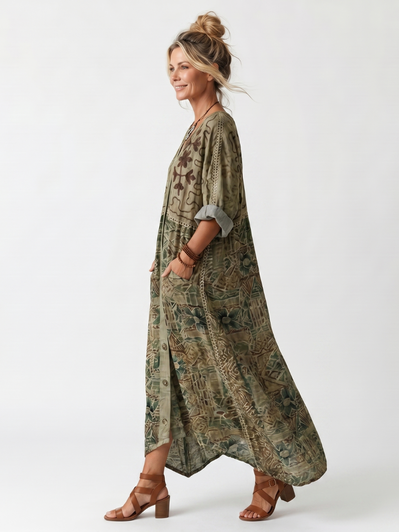 Nela | Oversized Sukienka Midi z Guzikami i Kieszenią